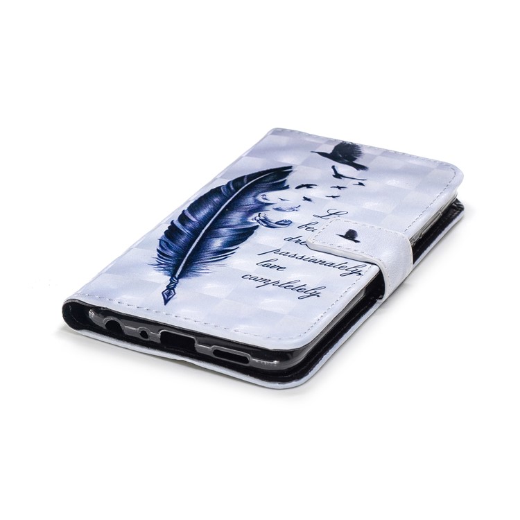Patterned Rubberized Leather Wallet Mobile Phone Stand Protection Case for Huawei P Smart / Enjoy 7S - Feather and Birds-5