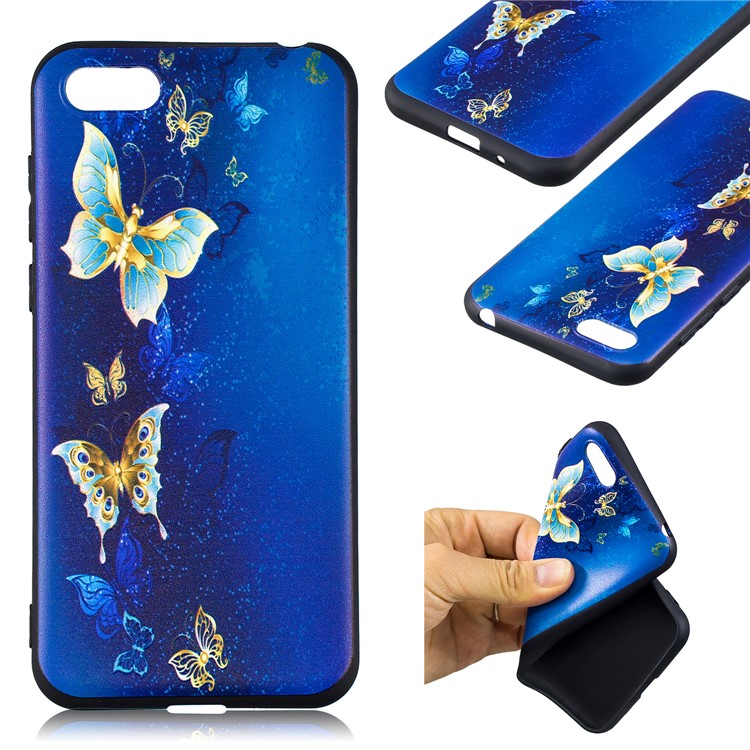 Embossment Patterned TPU Phone Case Accessory for Huawei Y5 (2018) / Y5 Prime (2018) / Honor 7s / Play 7 - Blue and Gold Butterfly-1