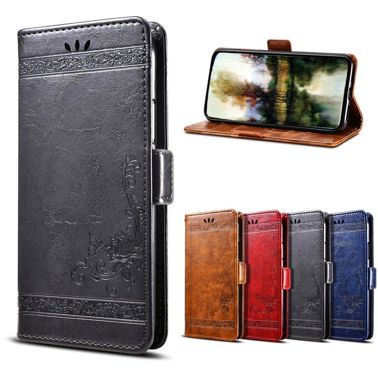 

Imprinted Flower Oil Wax PU Leather Stand Wallet Mobile Phone Case for Samsung Galaxy J8 (2018) - Black