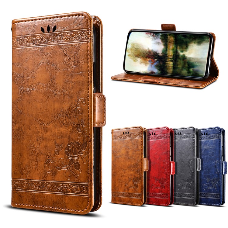 

Imprinted Flower Oil Wax Stand Leather Wallet Mobile Cover Case for Samsung Galaxy J4 (2018) - Brown