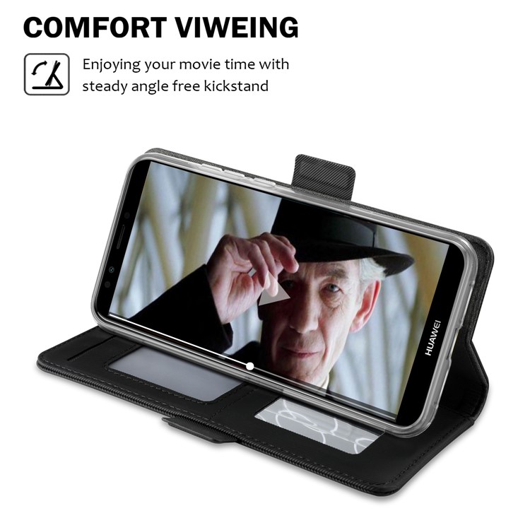 Carteira De Couro Stand Case Com Titular Do Cartão E Espelho De Maquiagem Para Huawei Honor 7C / Aproveite 8 / Y7 Primo (2018) / nova 2 lite (filipinas) - Preto-3