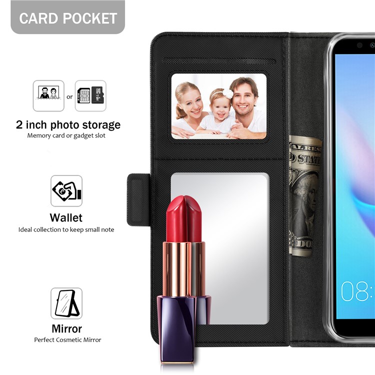 Carteira De Couro Stand Case Com Titular Do Cartão E Espelho De Maquiagem Para Huawei Honor 7C / Aproveite 8 / Y7 Primo (2018) / nova 2 lite (filipinas) - Preto-5