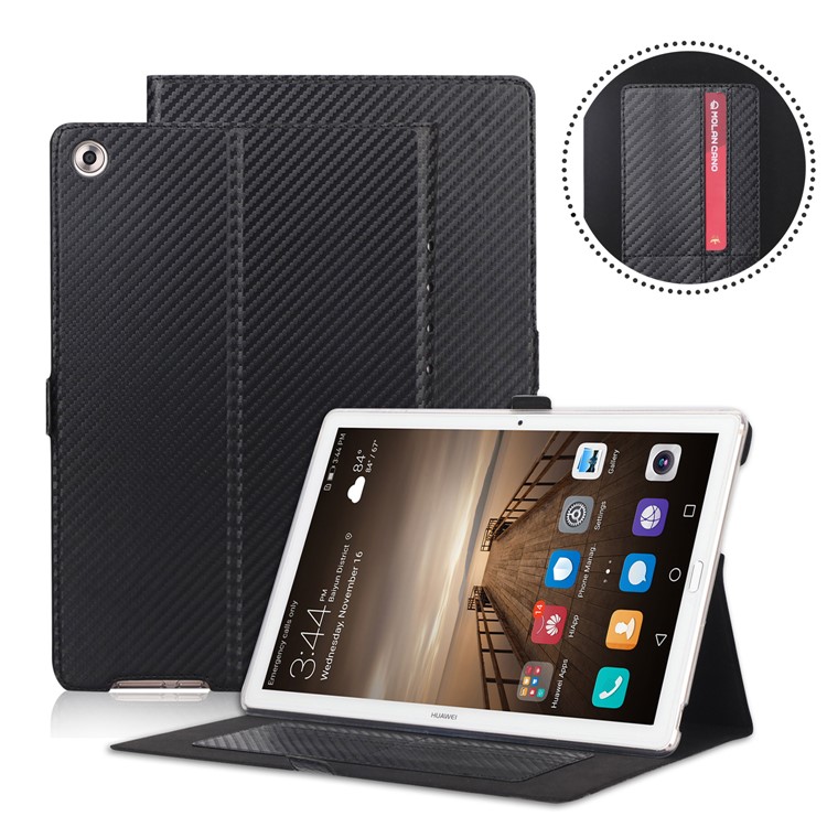 WY-1629-1 Carbon Fiber Texture Magnetic Leather Case with Card Holders for Huawei MediaPad M5 10 / M5 10 (Pro) - Black-1