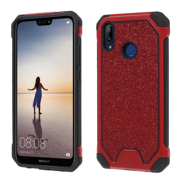 Glitter Powder Drop Resistant PC TPU Hybrid Phone Case for Huawei P20 Lite / Nova 3e - Red-1