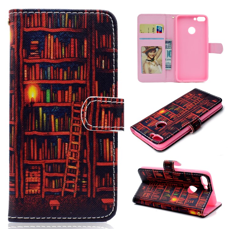 Patterned Wallet Stand Leather Phone Case for Huawei P Smart / Enjoy 7S - Bookshelf-1