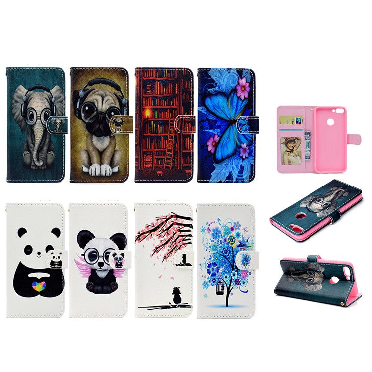 Patterned Wallet Stand Leather Phone Case for Huawei P Smart / Enjoy 7S - Bookshelf-10
