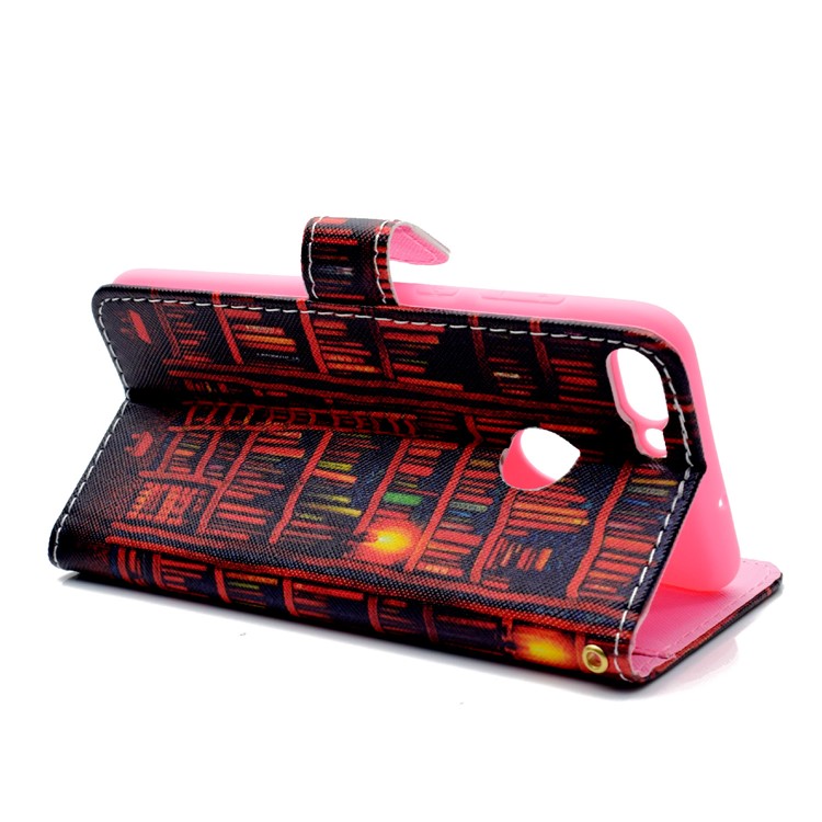 Patterned Wallet Stand Leather Phone Case for Huawei P Smart / Enjoy 7S - Bookshelf-4