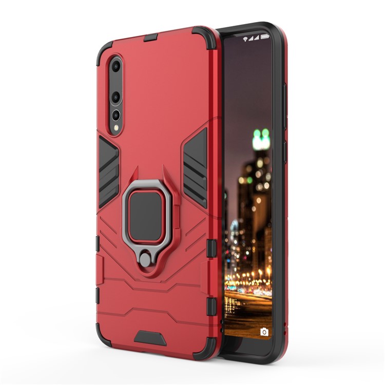 Anillo De Dedo Pie De Apoyo PC + TPU Cubierta Híbrida Del Teléfono Móvil Para Huawei P20 Pro - Rojo-2