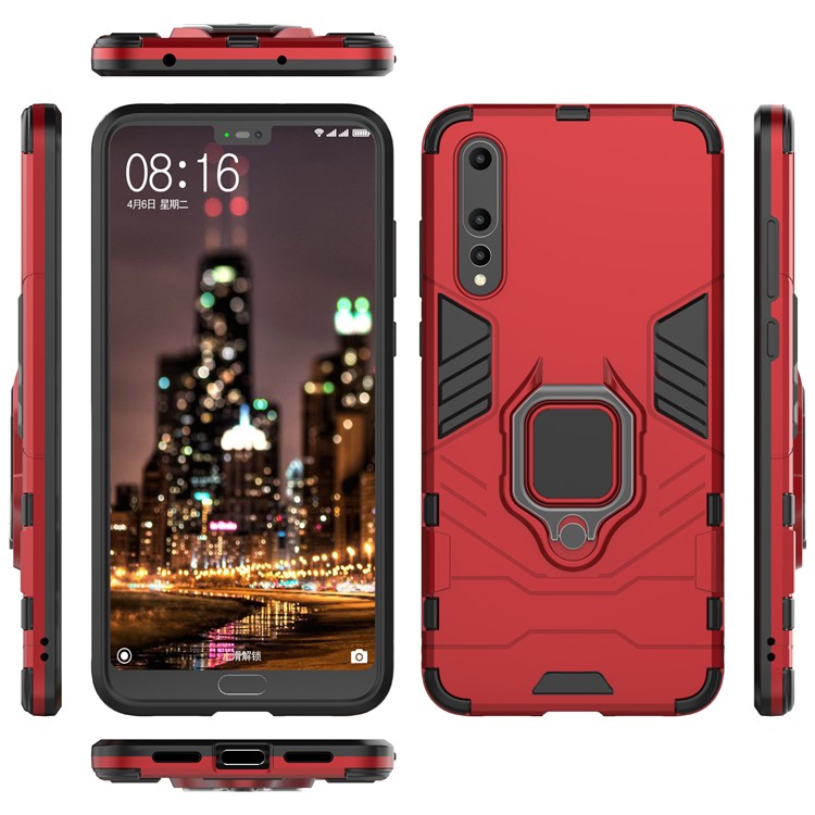 Anillo De Dedo Pie De Apoyo PC + TPU Cubierta Híbrida Del Teléfono Móvil Para Huawei P20 Pro - Rojo-4