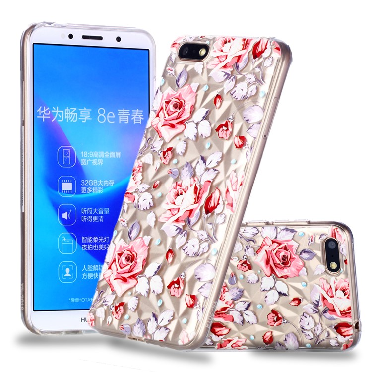 Embossed Pattern 3D Diamond Surface Soft TPU Cellphone Cover for Huawei Y5 (2018) / Y5 Prime (2018) / Honor 7s / Play 7 - Red Flowers-1