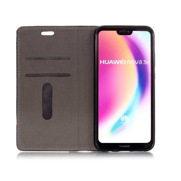 Cloth Texture Splicing PU Leather Card Holder Cellphone Case for Huawei P20 Lite / Nova 3e - Black-3