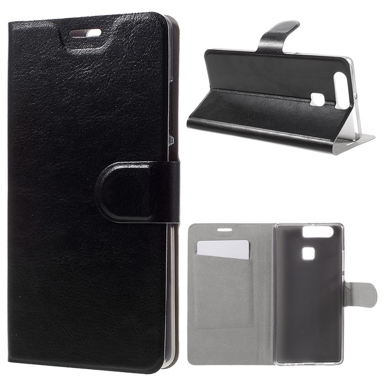 Crazy Horse Card Holder Stand Leather Case for Huawei P9 - Black-1