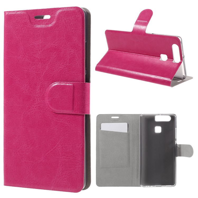 Crazy Horse Card Holder Leather Phone Case for Huawei P9 - Rose-1