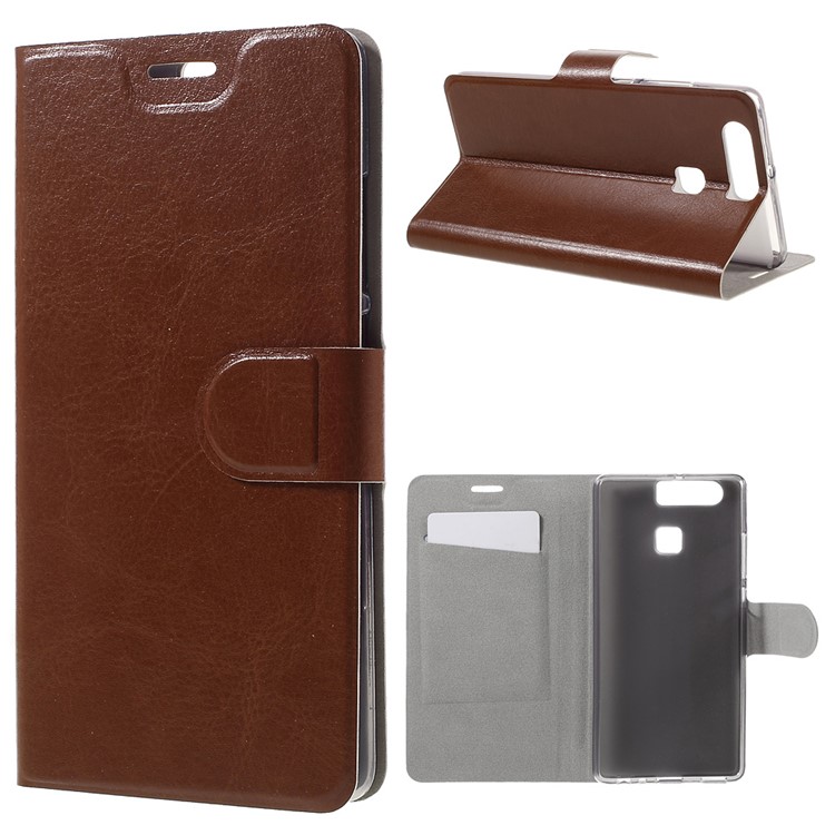 Crazy Horse Card Holder Leather Shell Cover for Huawei P9 - Brown-1