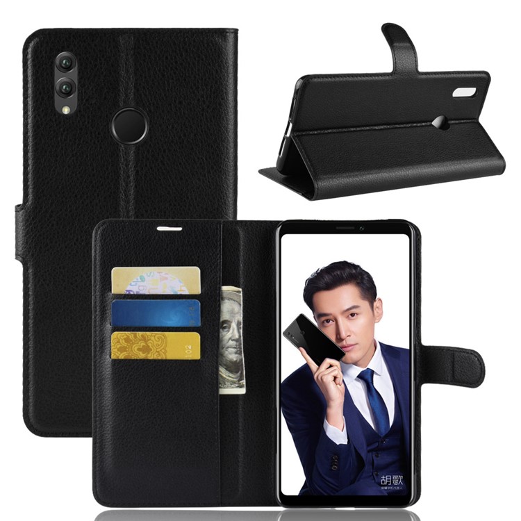 Litchi Skin Leather Wallet Casing for Huawei Honor Note 10 - Black-1
