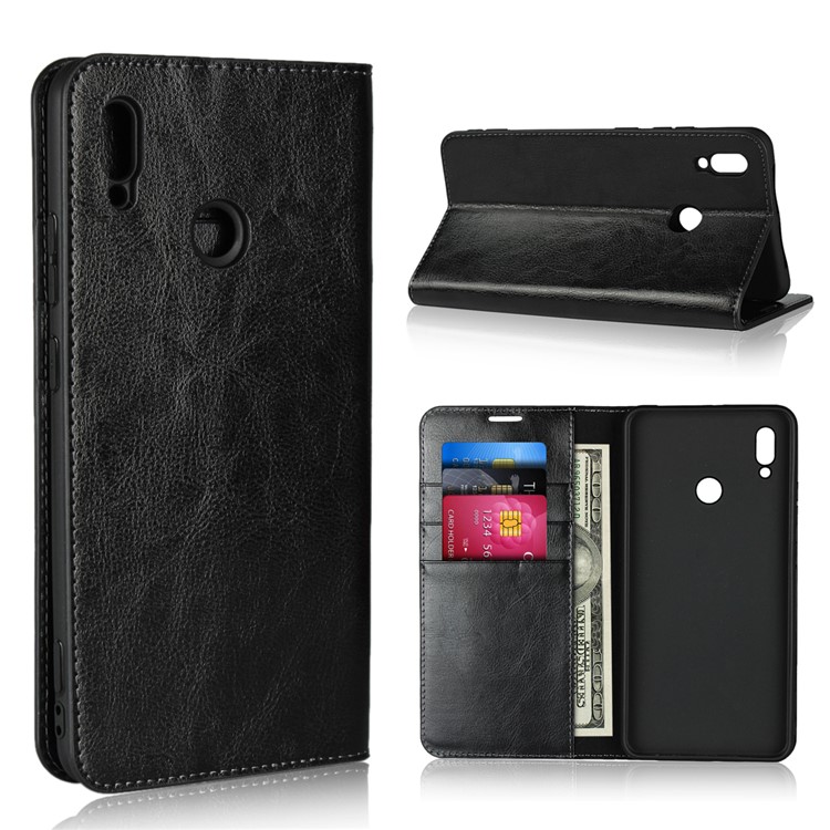 For Huawei Honor Note 10 Crazy Horse Genuine Leather Wallet Casing with Stand - Black-1
