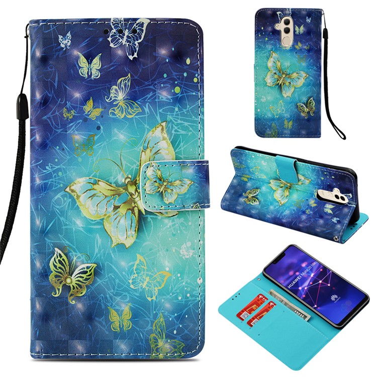 Pattern Printing Light Spot Decor Stand Leather Wallet Shell for Huawei Mate 20 Lite - Gold and Blue Butterfly-1