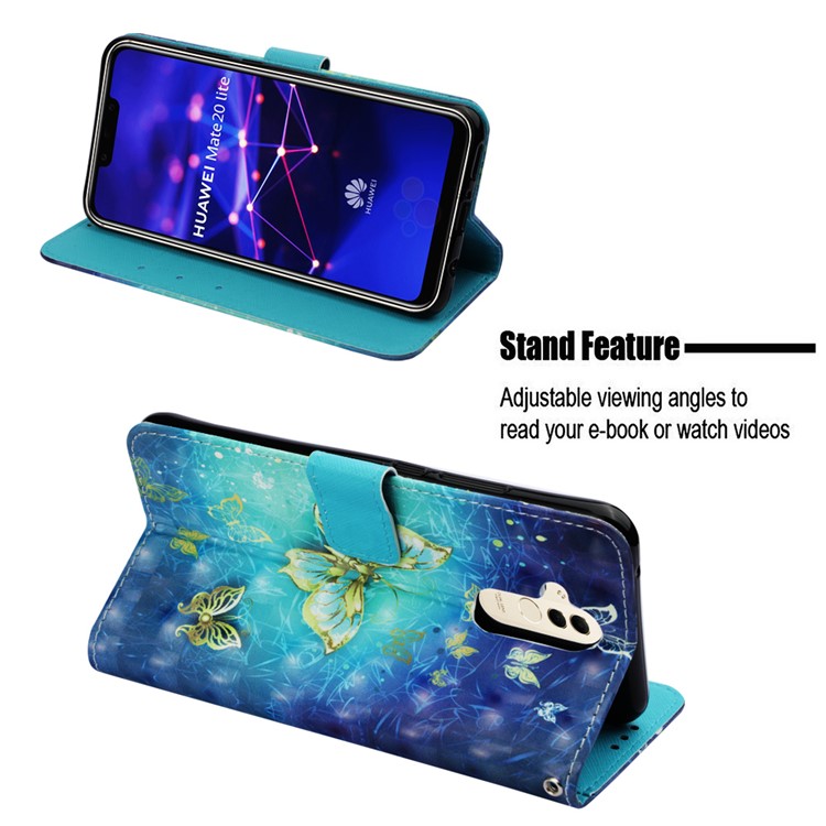 Pattern Printing Light Spot Decor Stand Leather Wallet Shell for Huawei Mate 20 Lite - Gold and Blue Butterfly-4
