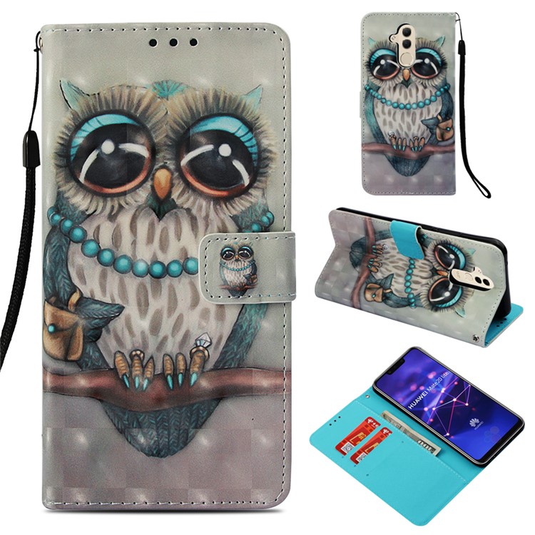 Pattern Printing Light Spot Decor Stand Leather Wallet Mobile Phone Cover for Huawei Mate 20 Lite - Owl-1