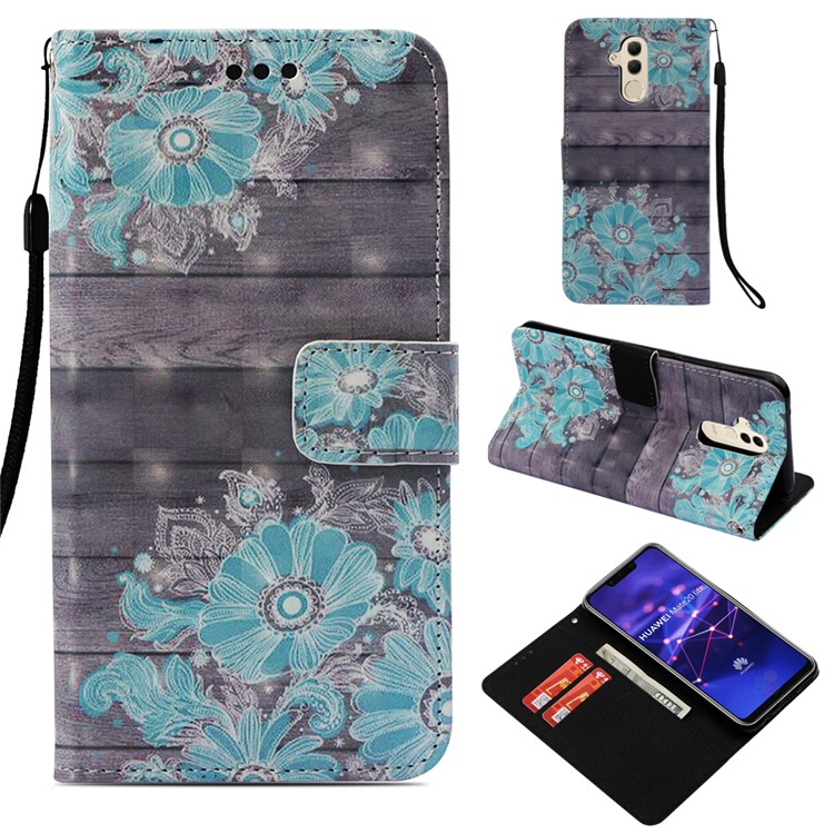 Pattern Printing Light Spot Decor Stand Leather Wallet Cell Phone Cover for Huawei Mate 20 Lite - Blue Flower-1