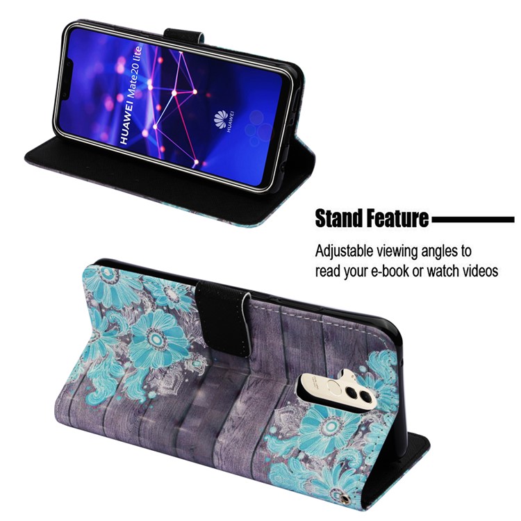 Pattern Printing Light Spot Decor Stand Leather Wallet Cell Phone Cover for Huawei Mate 20 Lite - Blue Flower-4