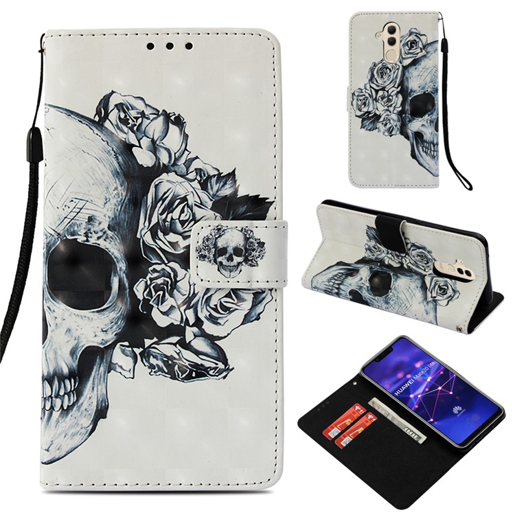 Stampa Di Motivi Decorativi Decori In Rilievo Portafogli In Pelle Guscio Per Cellulare Per Huawei Mate 20 Lite - Teschio Di Rosa-1