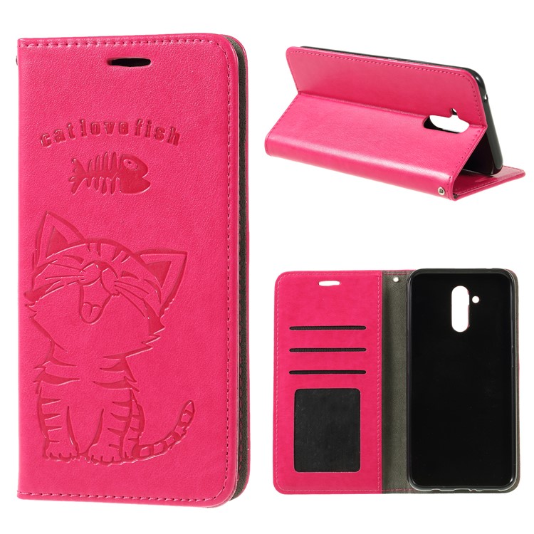 Imprint Cat and Fish Bone PU Leather Wallet Case for Huawei Mate 20 Lite - Rose-1