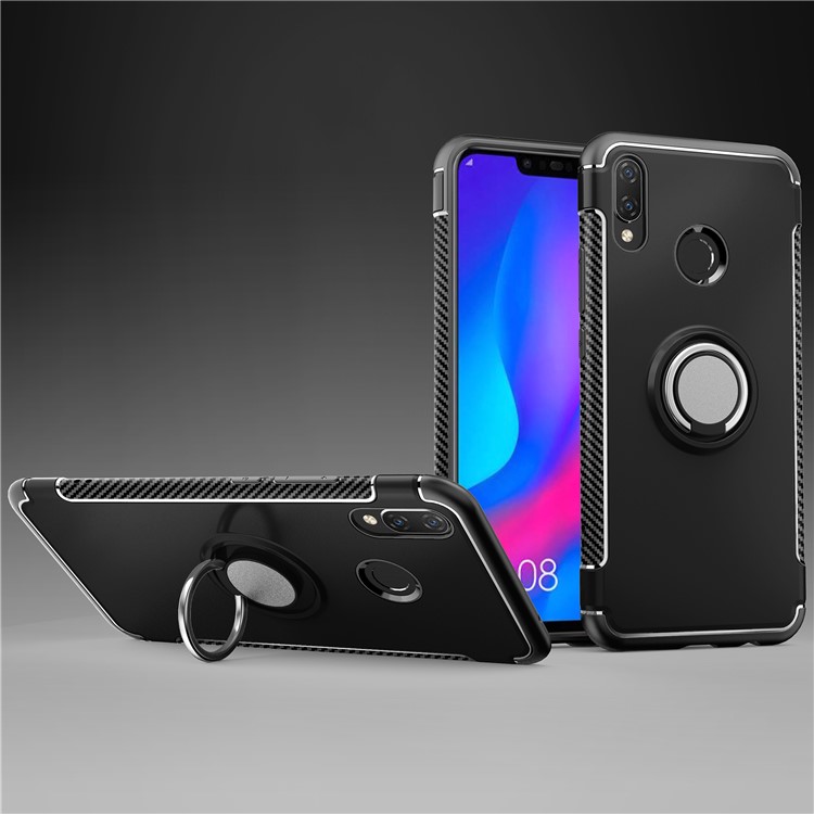 Carbon Fiber Texture TPU PC Combo Case for Huawei nova 3i/P Smart+ with Magnetic Ring Holder Kickstand - Black-1
