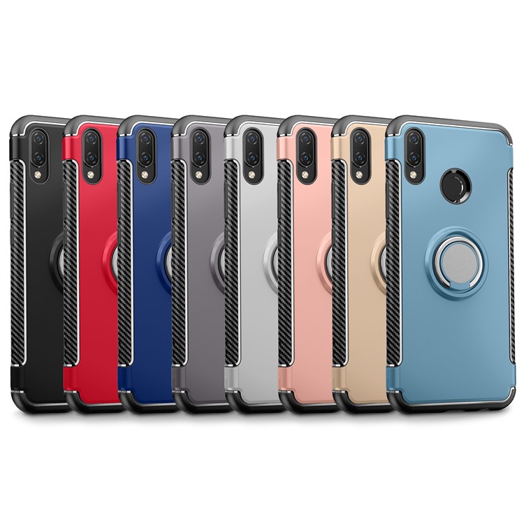Carbon Fiber Texture TPU PC Combo Case for Huawei nova 3i/P Smart+ with Magnetic Ring Holder Kickstand - Black-2