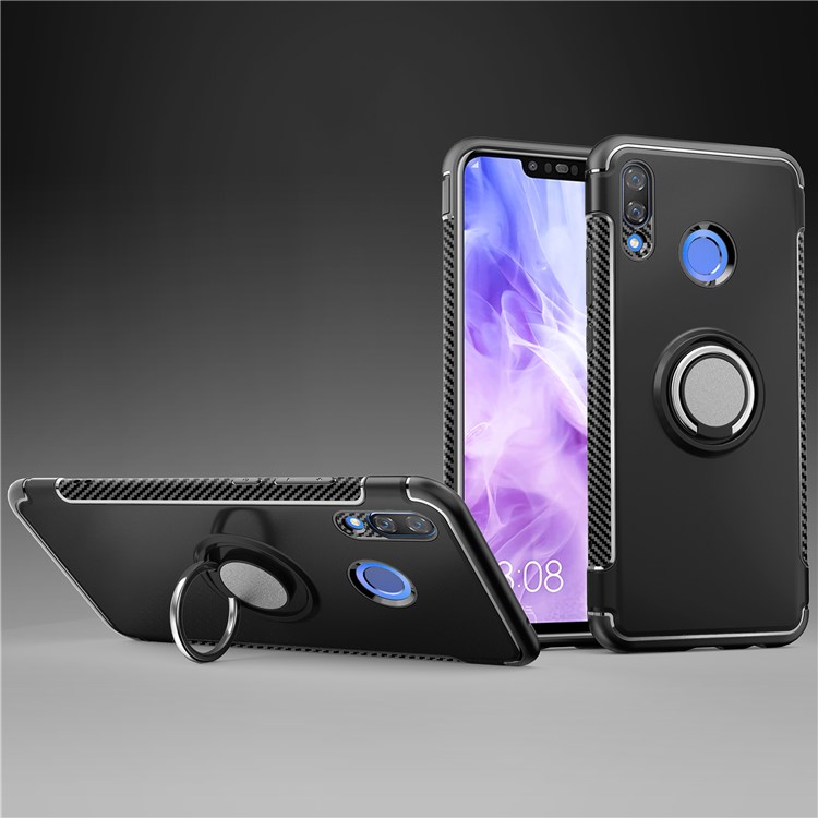 For Huawei nova 3 Carbon Fiber Texture TPU PC Hybrid Case with Magnetic Ring Holder Kickstand - Black-1