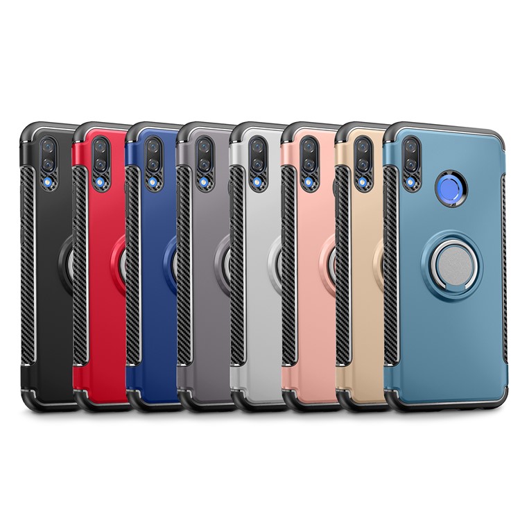For Huawei nova 3 Carbon Fiber Texture TPU PC Hybrid Case with Magnetic Ring Holder Kickstand - Black-2
