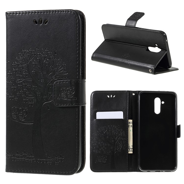 Imprint Tree Owl Magnetic Wallet PU Leather Cover with Stand for Huawei Mate 20 Lite - Black-1
