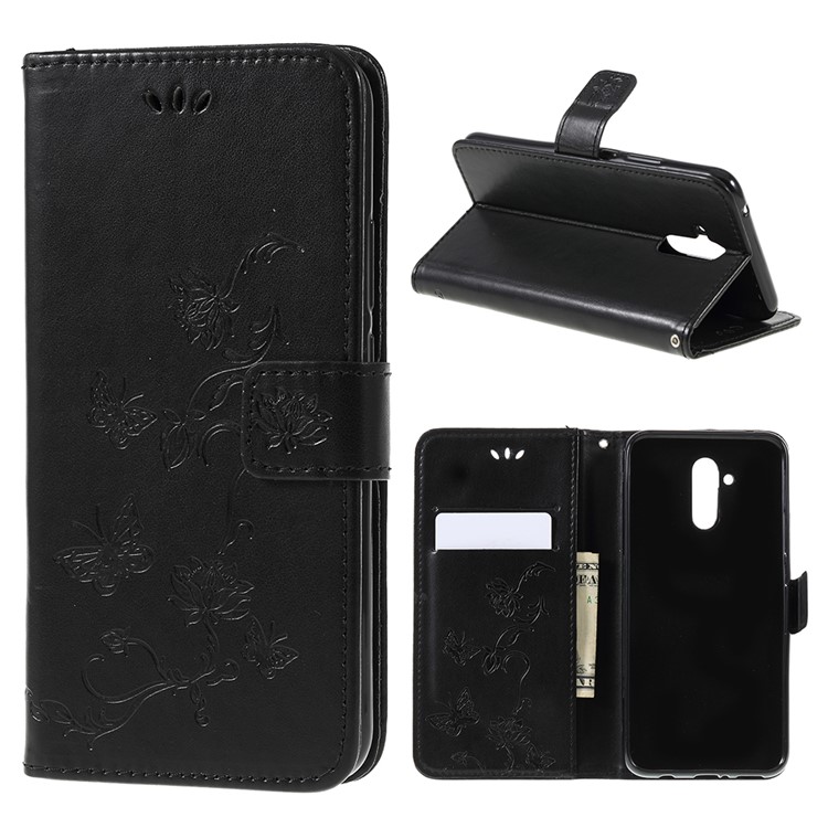 Imprint Butterfly Flowers Leather Stand Wallet Folio Case for Huawei Mate 20 Lite - Black-1