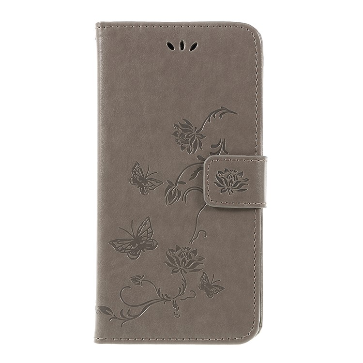 Imprint Butterfly Flowers Leather Stand Wallet Folio Cover for Huawei Mate 20 Lite - Grey-1