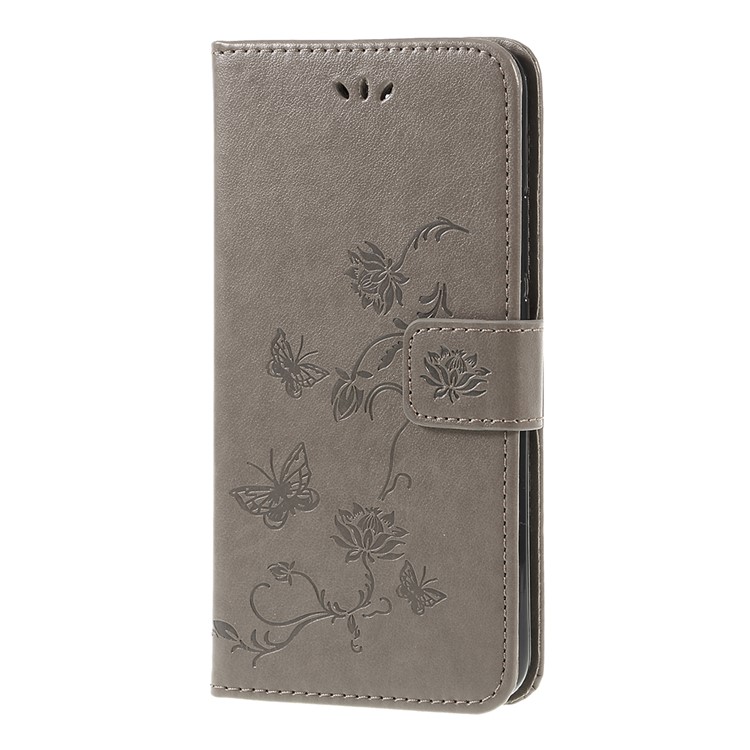 Imprint Butterfly Flowers Leather Stand Wallet Folio Cover for Huawei Mate 20 Lite - Grey-2