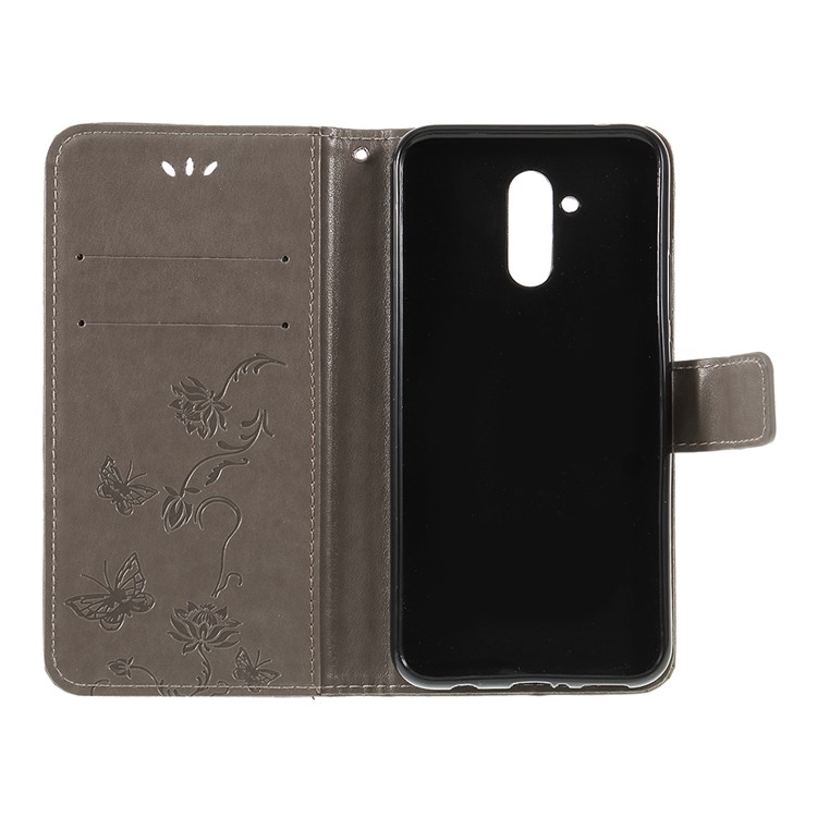Imprint Butterfly Flowers Leather Stand Wallet Folio Cover for Huawei Mate 20 Lite - Grey-6