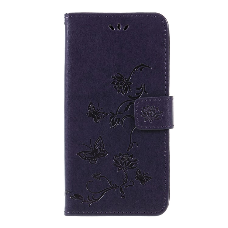 Imprint Butterfly Flowers PU Leather Stand Wallet Folio Case for Huawei Mate 20 Lite - Dark Purple-1