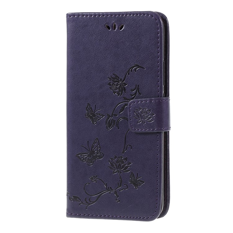 Imprint Butterfly Flowers PU Leather Stand Wallet Folio Case for Huawei Mate 20 Lite - Dark Purple-2
