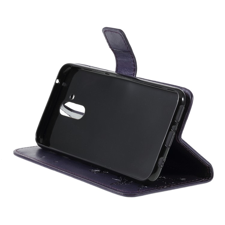 Imprint Butterfly Flowers PU Leather Stand Wallet Folio Case for Huawei Mate 20 Lite - Dark Purple-4