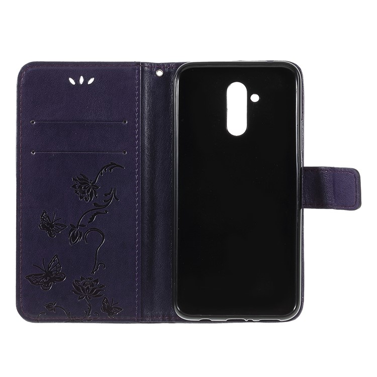 Imprint Butterfly Flowers PU Leather Stand Wallet Folio Case for Huawei Mate 20 Lite - Dark Purple-6