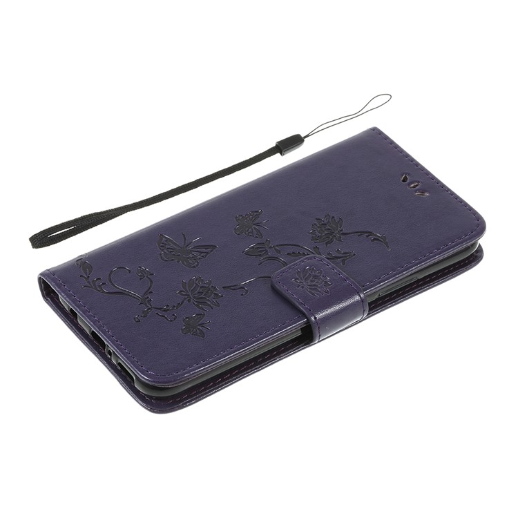 Imprint Butterfly Flowers PU Leather Stand Wallet Folio Case for Huawei Mate 20 Lite - Dark Purple-7