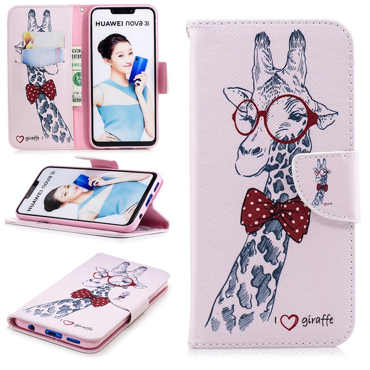 Pattern Printing PU Leather Wallet Case Shell for Huawei nova 3i / P Smart Plus - Giraffe Wearing Glasses-1