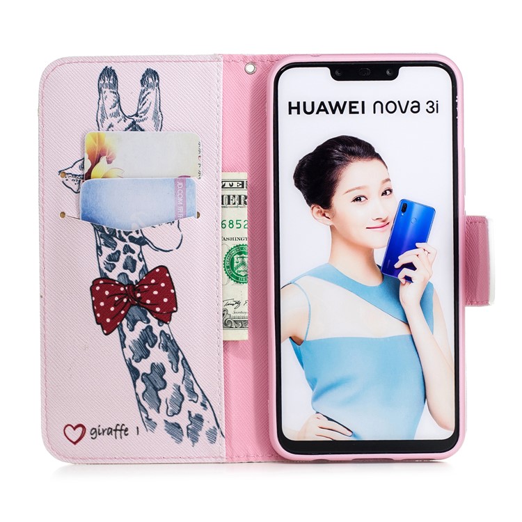 Pattern Printing PU Leather Wallet Case Shell for Huawei nova 3i / P Smart Plus - Giraffe Wearing Glasses-4