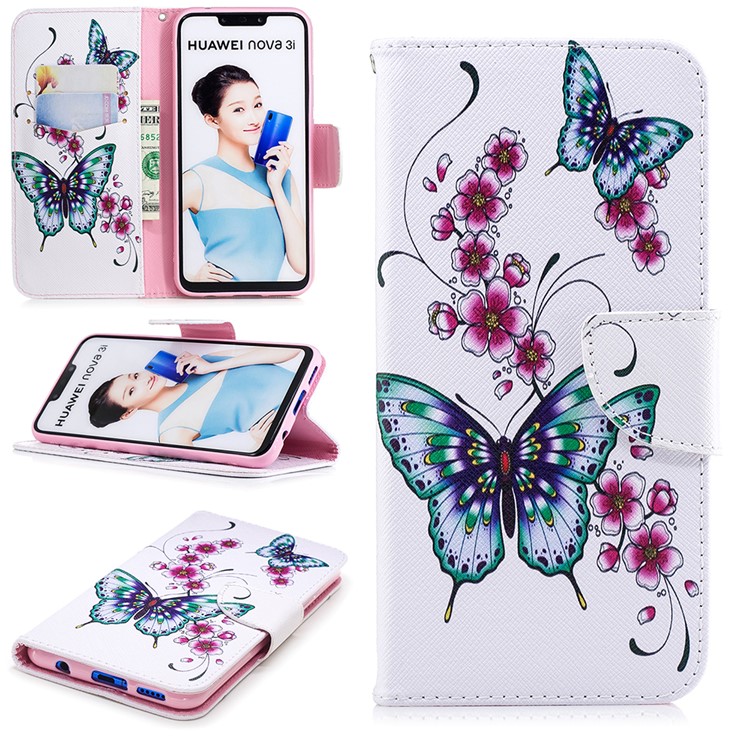 Pattern Printing Leather Wallet Stand Case for Huawei nova 3i / P Smart+ - Butterfly and Flower-1