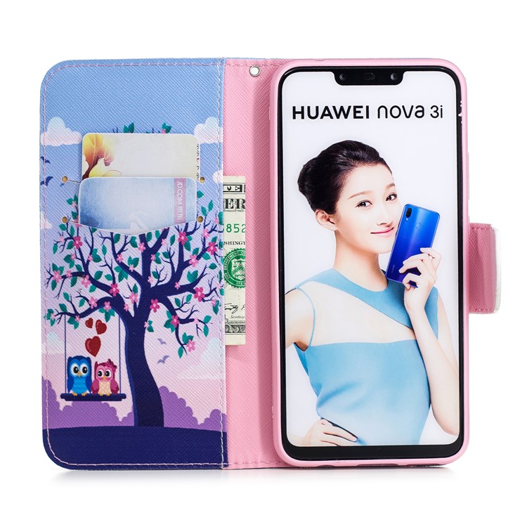 Patterned Leather Wallet Phone Shell for Huawei nova 3i / P Smart+ - Owls on Swing-4