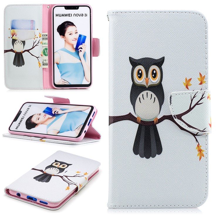Patterned Leather Wallet Phone Case with Stand for Huawei nova 3i / P Smart+ - Owl on Branch-1