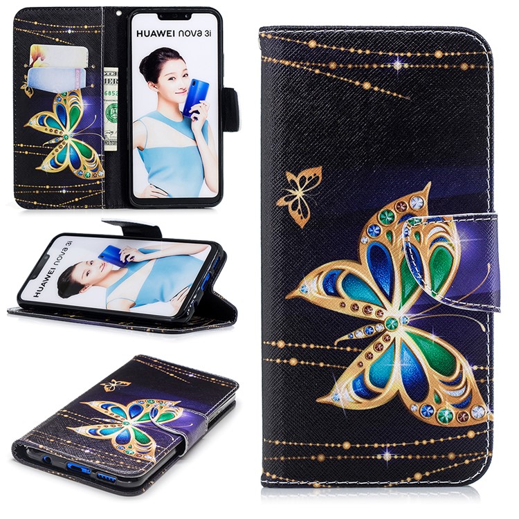 Pattern Printing Case Leather Wallet Cover for Huawei nova 3i / P Smart+ - Rhinestone Decor Butterfly-1