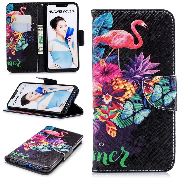 Patrón Impresión Billetera Soporte Cuero Cubierta Para Huawei Nova 3i / P Inteligente + - Flamenco Y Piña-1