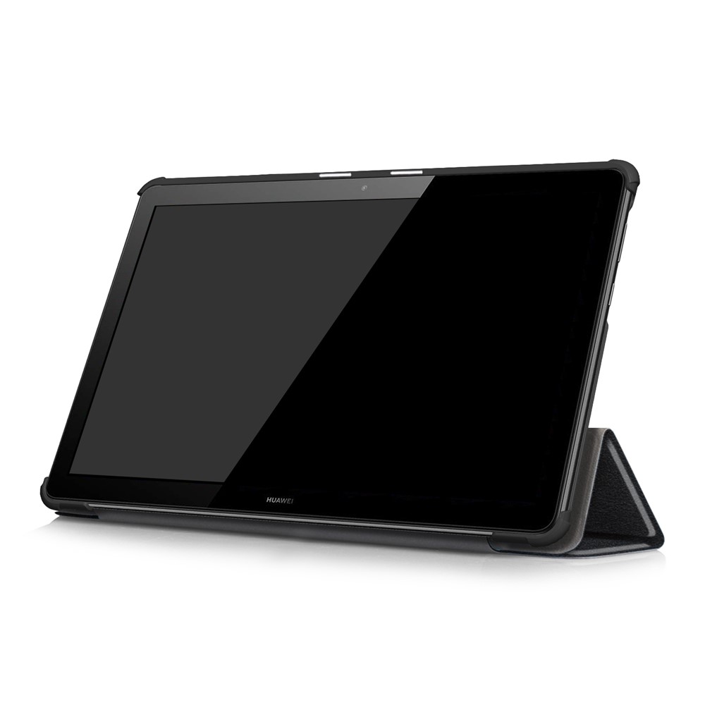 PU Calulho Tri-folto Tableto de Comprimento de Proteção de Proteção Para Huawei Mediapad T5 10 - Preto