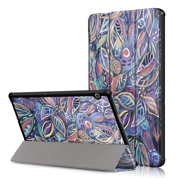 Patterned Leather Tri-fold Stand Casing for Huawei MediaPad T5 10 - Vintage Leaves-1